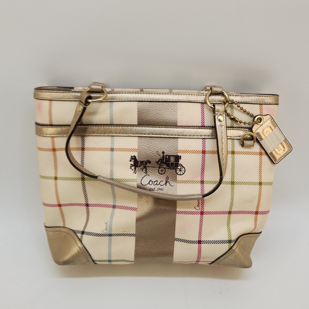Coach 13032‎ Heritage Plaid Tote Gold Leather Multicolor Y2K Shoulder Bag